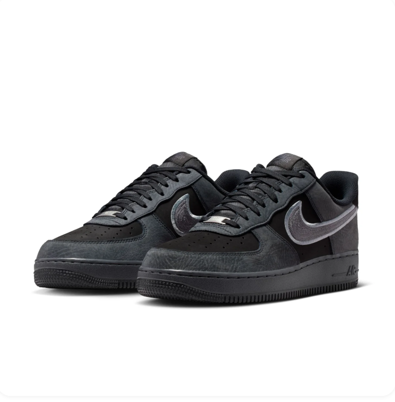 Nike Air Force 1 Black and Charcoal Sneakers with Silver-Outlined Swoosh