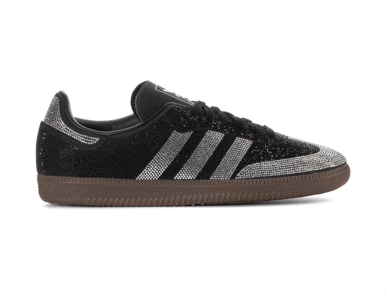 Adidas Black Rhinestone Sneakers with Silver Stripes and Brown Sole