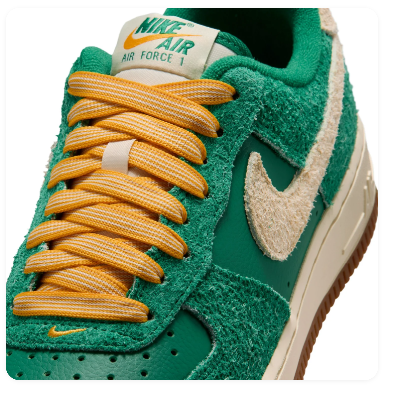 Nike Air Force 1 Green Sneakers with Cream Swoosh and Yellow Laces