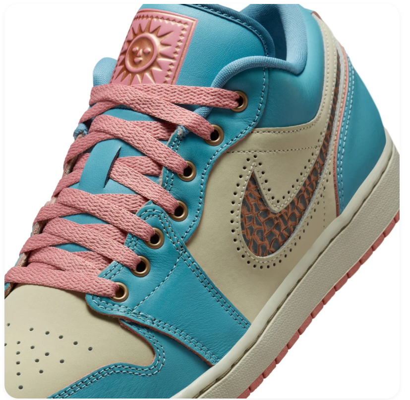 Air Jordan 1 Low Teal and Cream Sneakers with Coral Accents
