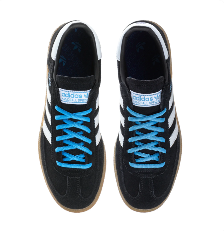 Adidas Handball Spezial Black Sneakers with White Stripes and Sky Blue Laces