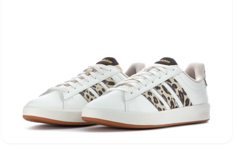 Adidas White Low-Top Sneakers with Leopard Print Stripes and Gum Outsole