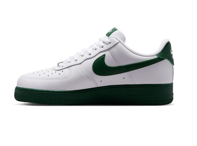 Nike Air Force 1 White Low-Top Sneakers with Dark Green Swoosh and Sole