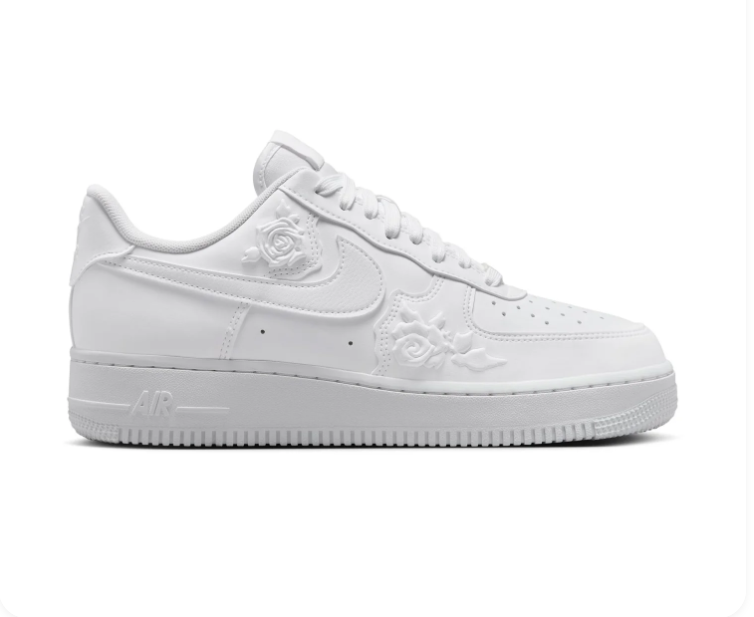 Nike Air Force 1 All-White Low-Top Sneakers with Raised Rose Details