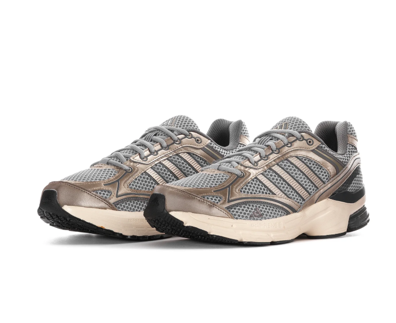 Adidas Grey Mesh Sneakers with Metallic Champagne Overlays and Cream Sole