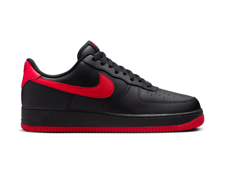 Nike Air Force 1 Black Low-Top Sneakers with Red Swoosh and Outsole