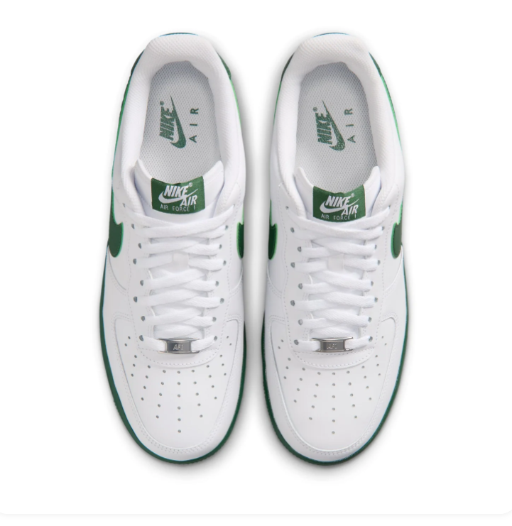Nike Air Force 1 White Low-Top Sneakers with Dark Green Swoosh and Sole