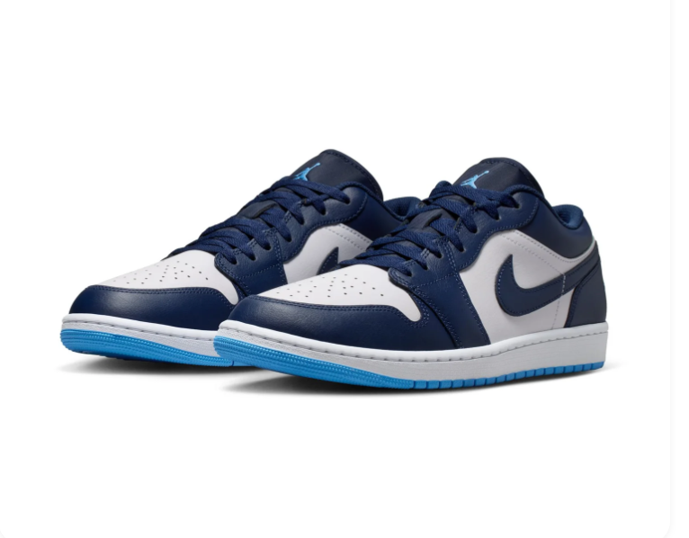 Air Jordan 1 Low Navy and White Sneakers with Bright Blue Outsole