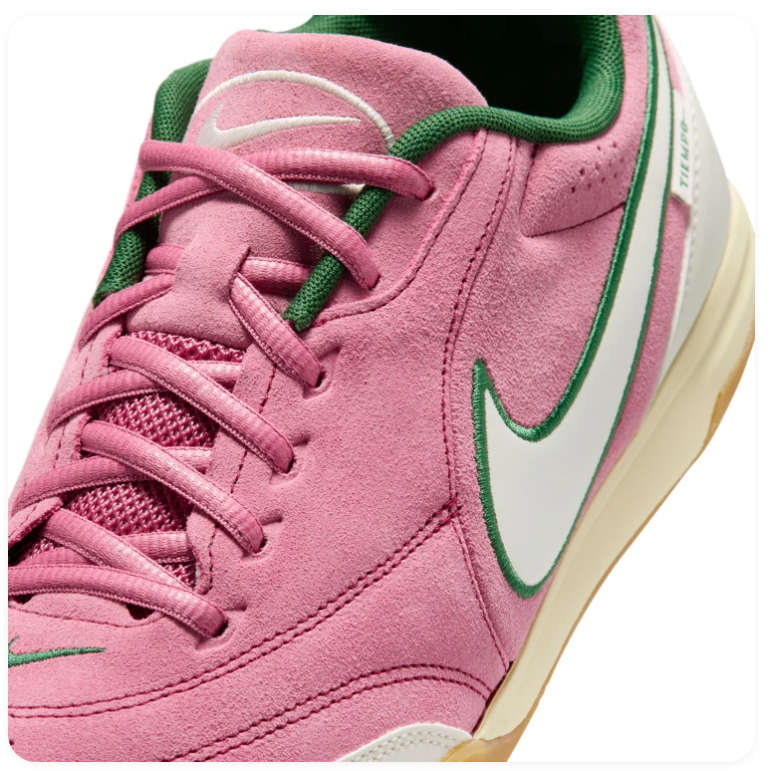 Nike Tiempo Pink Low-Top Sneakers with Green Accents and Gum Sole