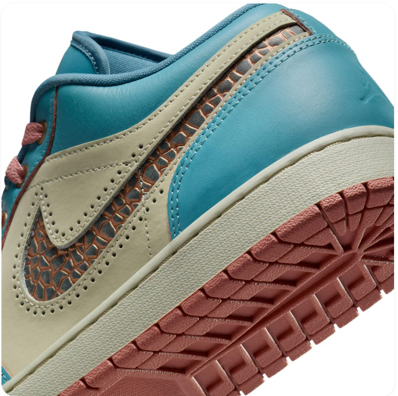 Air Jordan 1 Low Teal and Cream Sneakers with Coral Accents