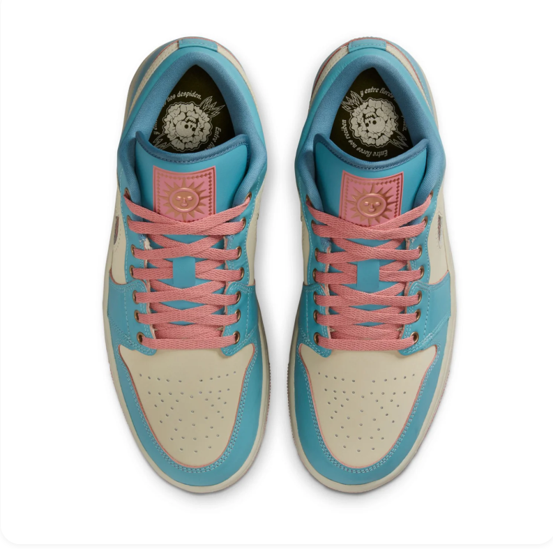 Air Jordan 1 Low Teal and Cream Sneakers with Coral Accents