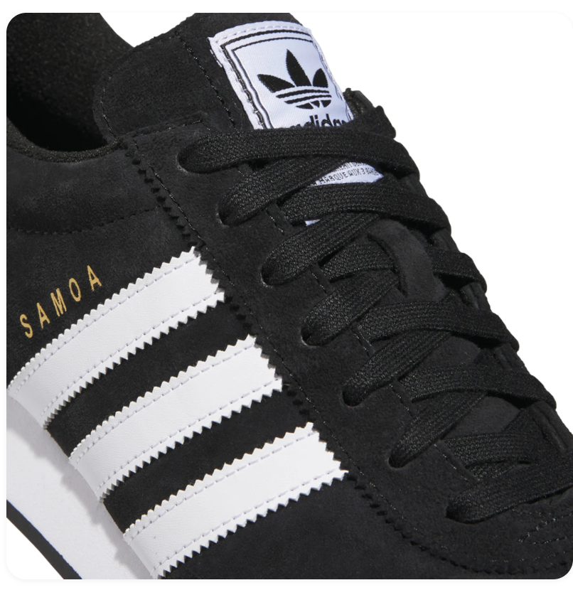Adidas Samoa Black Sneakers with White Stripes and Textured Toe Bumper