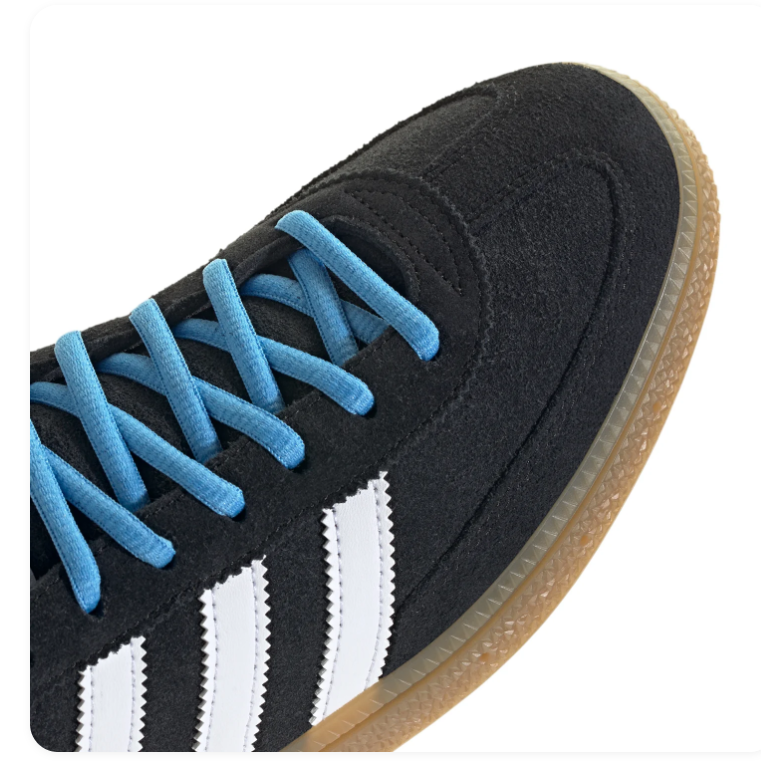 Adidas Handball Spezial Black Sneakers with White Stripes and Sky Blue Laces