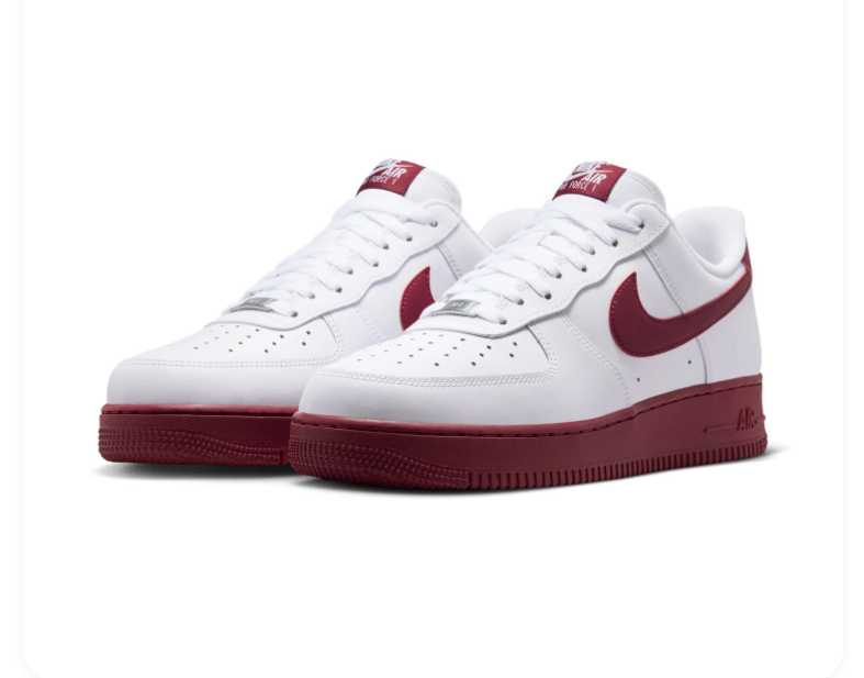 Nike Air Force 1 White Low-Top Sneakers with Burgundy Swoosh and Sole