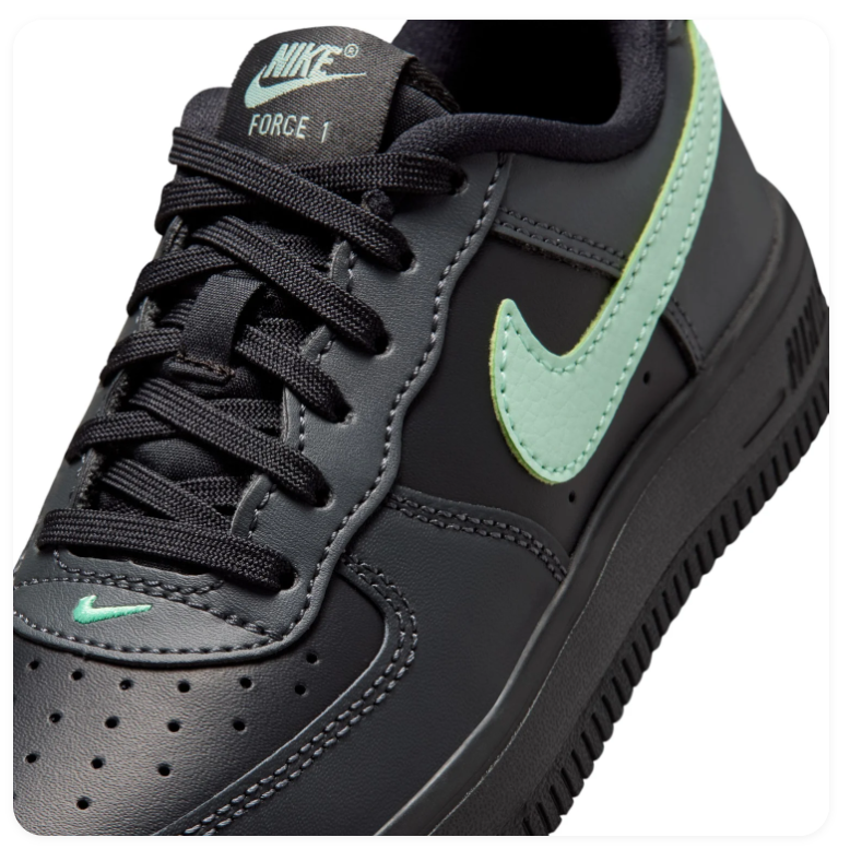 Nike Air Force 1 Black Low-Top Sneakers with Mint Green Swoosh