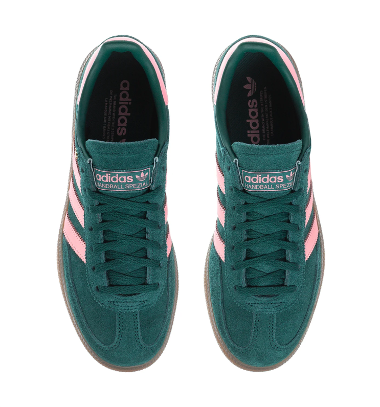 Adidas Handball Spezial Dark Green Sneakers with Pink Stripes and Brown Sole