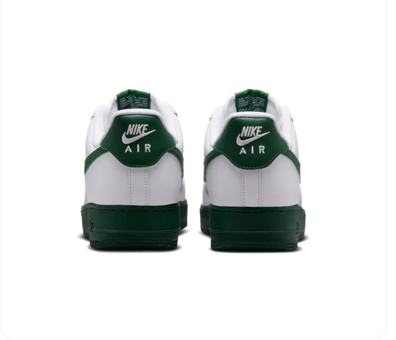 Nike Air Force 1 White Low-Top Sneakers with Dark Green Swoosh and Sole