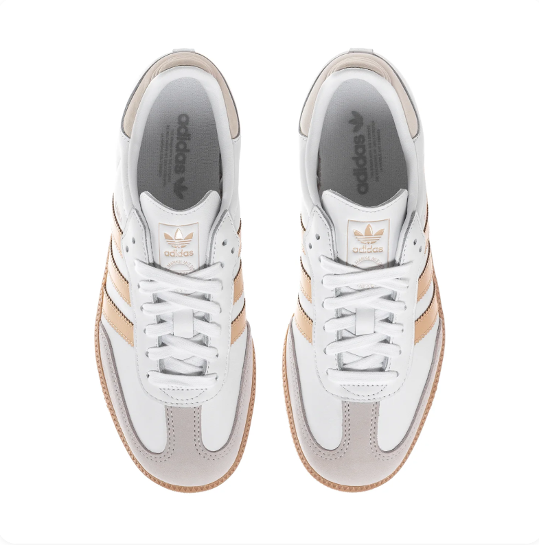 Adidas Samba White Sneakers with Metallic Gold Stripes and Gum Sole