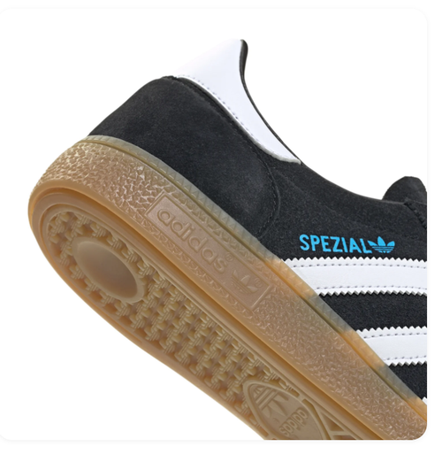 Adidas Handball Spezial Black Sneakers with White Stripes and Sky Blue Laces