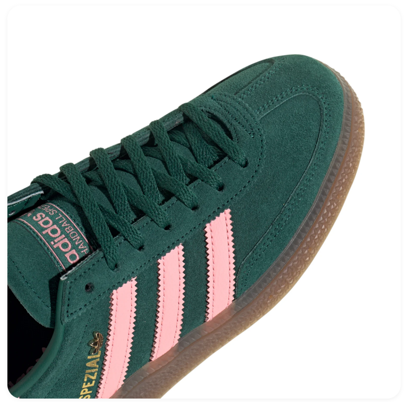 Adidas Handball Spezial Dark Green Sneakers with Pink Stripes and Brown Sole