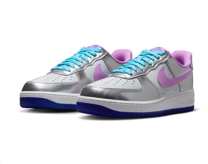 Nike Air Force 1 Metallic Silver Sneakers with Lilac Swoosh and Turquoise Laces