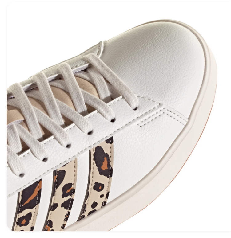 Adidas White Low-Top Sneakers with Leopard Print Stripes and Gum Outsole