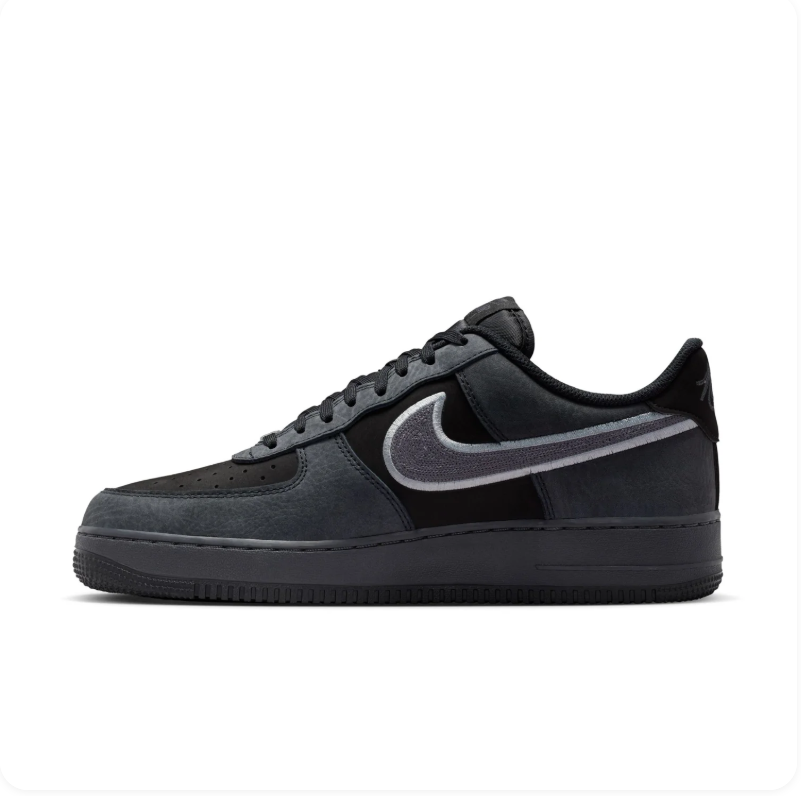 Nike Air Force 1 Black and Charcoal Sneakers with Silver-Outlined Swoosh