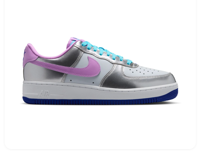 Nike Air Force 1 Metallic Silver Sneakers with Lilac Swoosh and Turquoise Laces