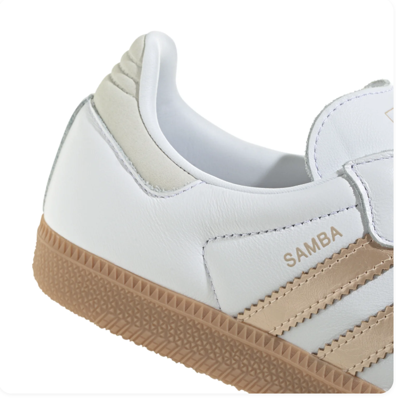 Adidas Samba White Sneakers with Metallic Gold Stripes and Gum Sole