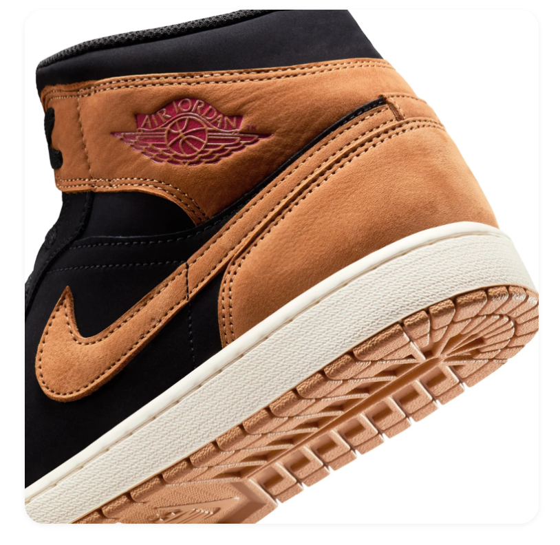 Air Jordan 1 Mid Black and Tan Sneakers with Red Accents