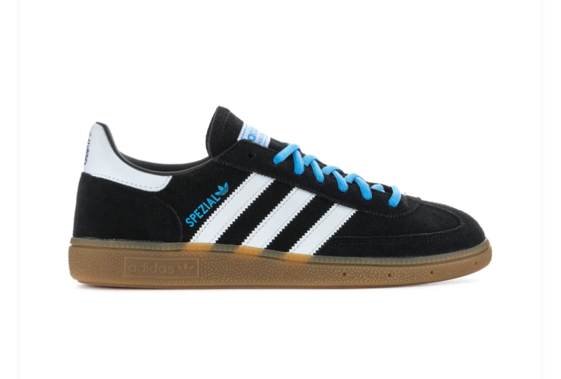 Adidas Handball Spezial Black Sneakers with White Stripes and Sky Blue Laces