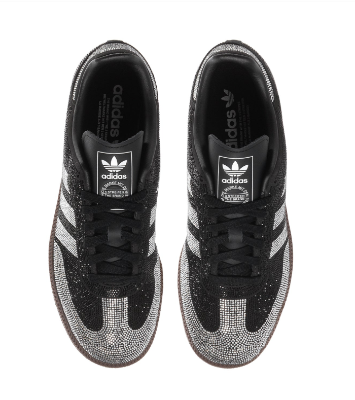 Adidas Black Rhinestone Sneakers with Silver Stripes and Brown Sole