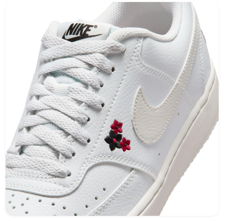 Nike White Low-Top Sneakers with Red and Black Floral Embroidery