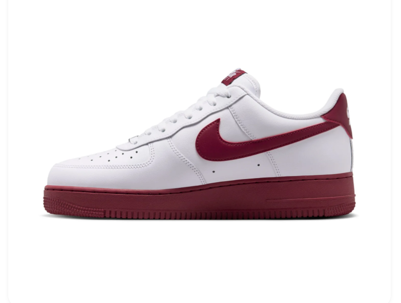 Nike Air Force 1 White Low-Top Sneakers with Burgundy Swoosh and Sole
