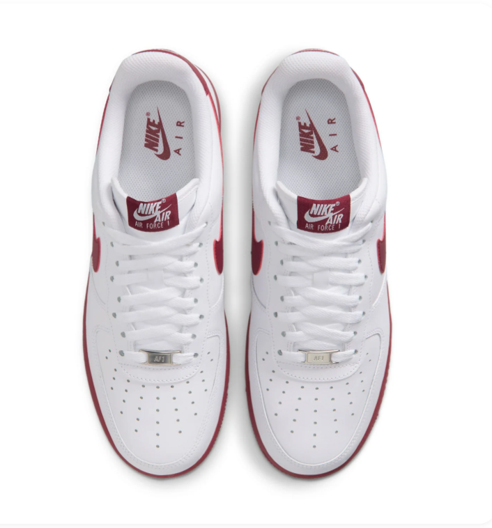 Nike Air Force 1 White Low-Top Sneakers with Burgundy Swoosh and Sole