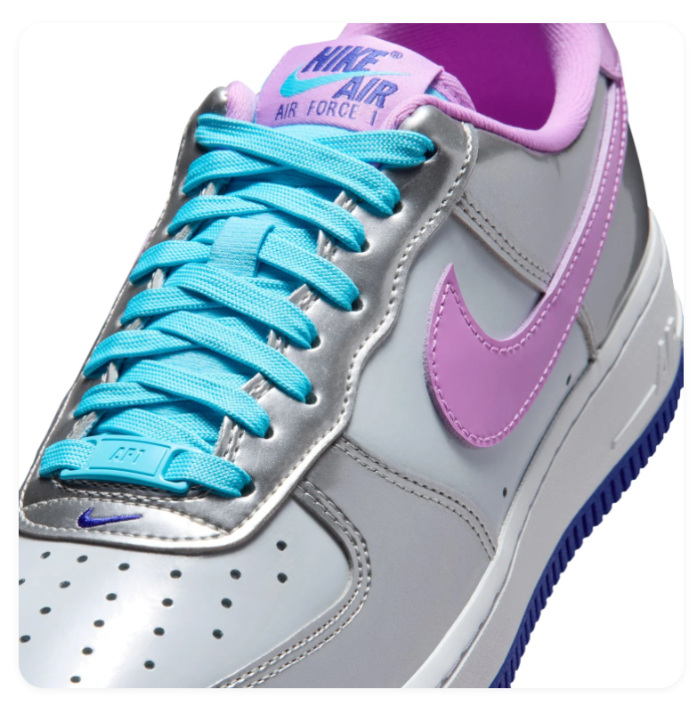 Nike Air Force 1 Metallic Silver Sneakers with Lilac Swoosh and Turquoise Laces