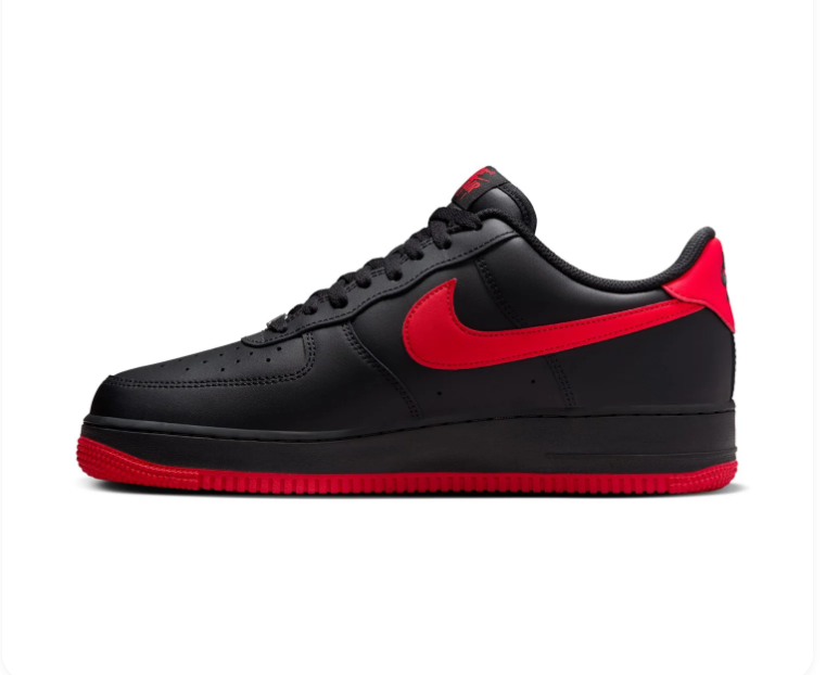 Nike Air Force 1 Black Low-Top Sneakers with Red Swoosh and Outsole