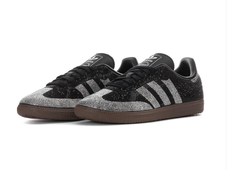 Adidas Black Rhinestone Sneakers with Silver Stripes and Brown Sole