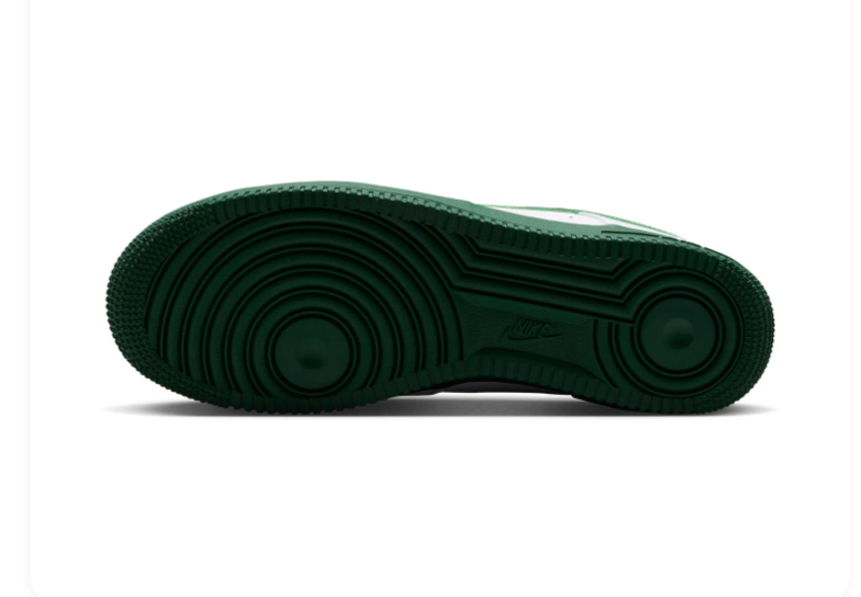 Nike Air Force 1 White Low-Top Sneakers with Dark Green Swoosh and Sole