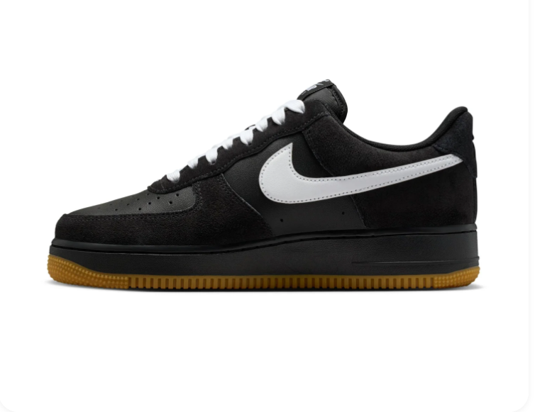 Nike Air Force 1 Black Sneakers with White Swoosh and Gum Sole
