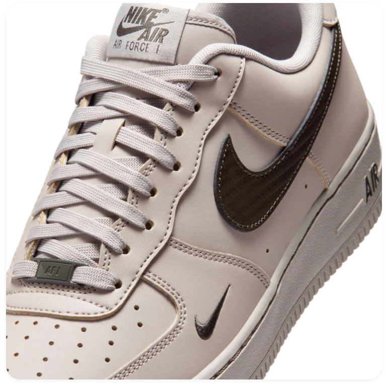 Nike Air Force 1 Light Taupe Low-Top Sneakers with Dark Brown Swoosh