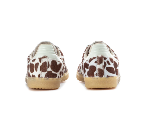 Adidas Brown and Cream Animal Print Sneakers with Light Blue Laces and Gum Sole