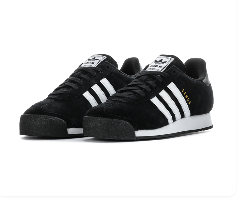 Adidas Samoa Black Sneakers with White Stripes and Textured Toe Bumper