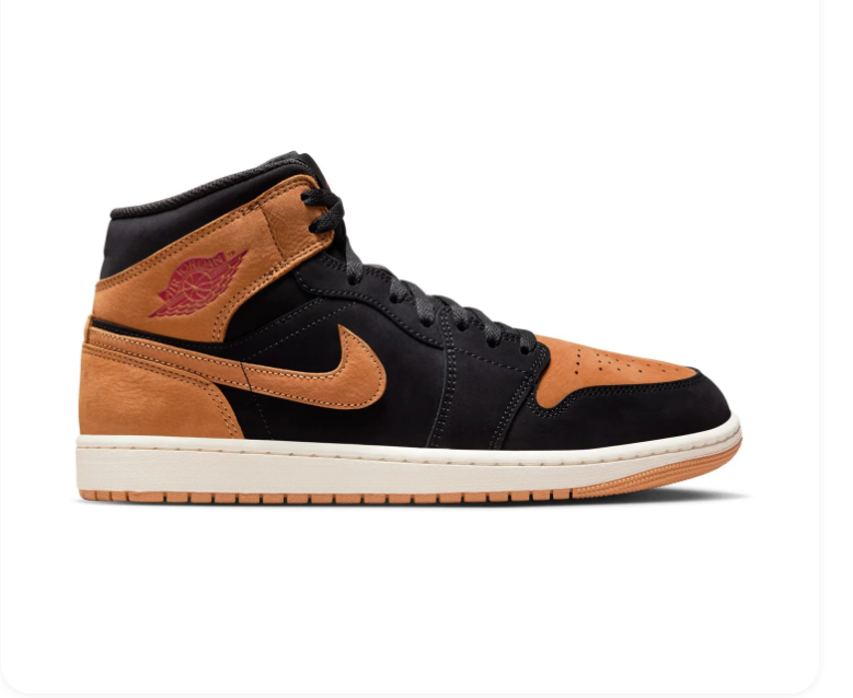 Air Jordan 1 Mid Black and Tan Sneakers with Red Accents