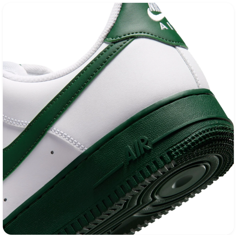 Nike Air Force 1 White Low-Top Sneakers with Dark Green Swoosh and Sole