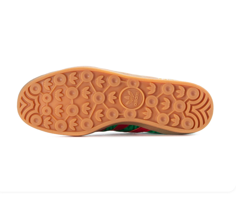 Adidas Green Patterned Sneakers with Red Stripes and Gum Sole