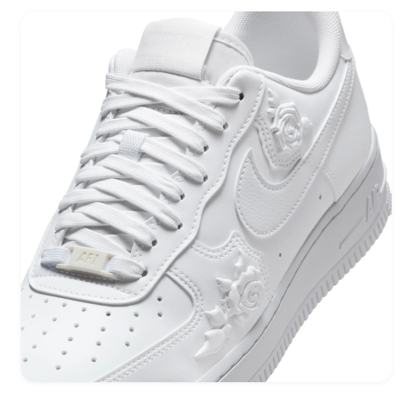 Nike Air Force 1 All-White Low-Top Sneakers with Raised Rose Details