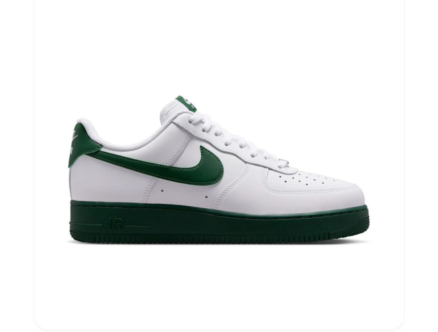 Nike Air Force 1 White Low-Top Sneakers with Dark Green Swoosh and Sole