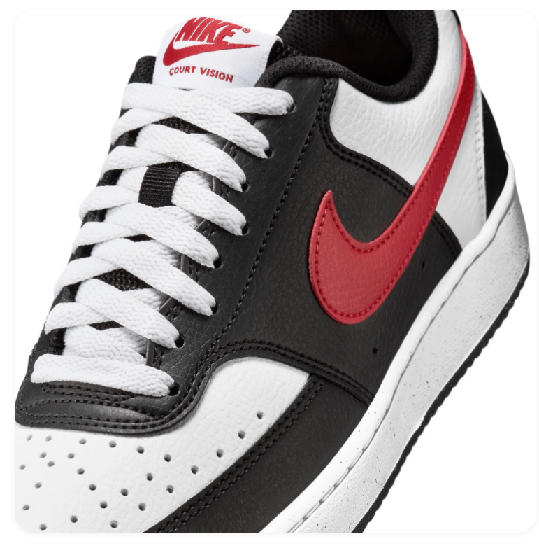 Nike Court Vision Low Black and White Sneakers with Red Swoosh