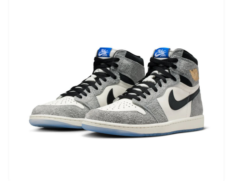 Air Jordan 1 High Grey and Cream Sneakers with Blue Outsole